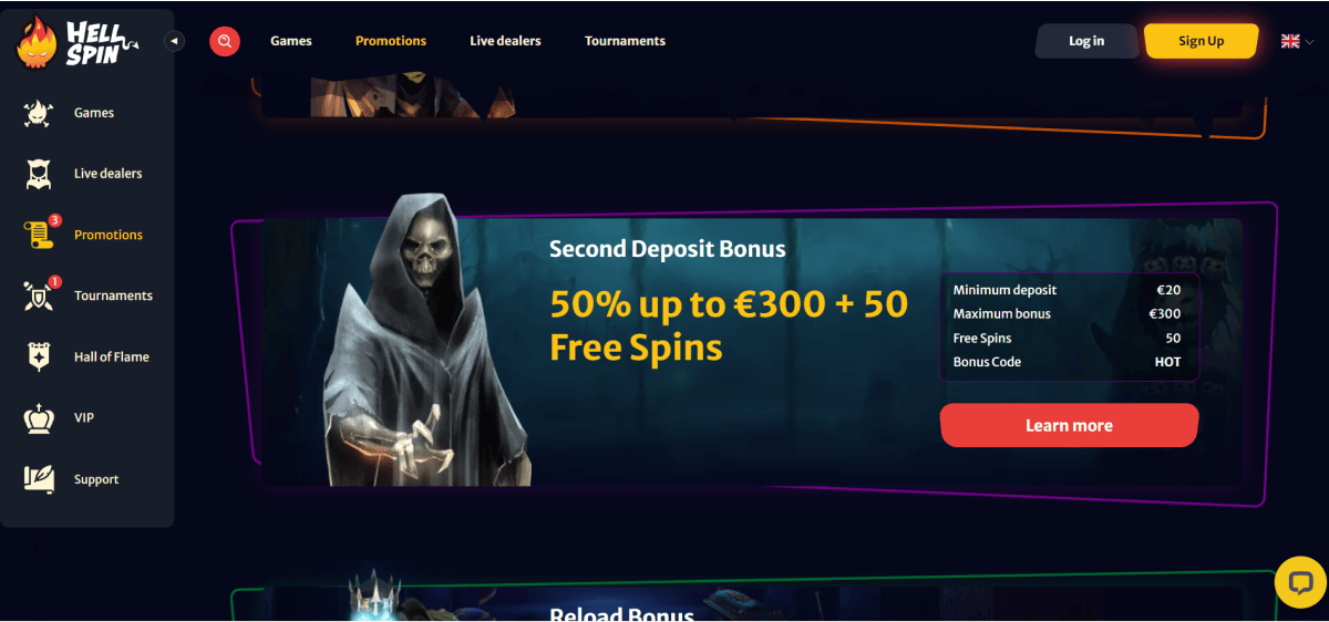 HELLSPIN Second Deposit Bonus